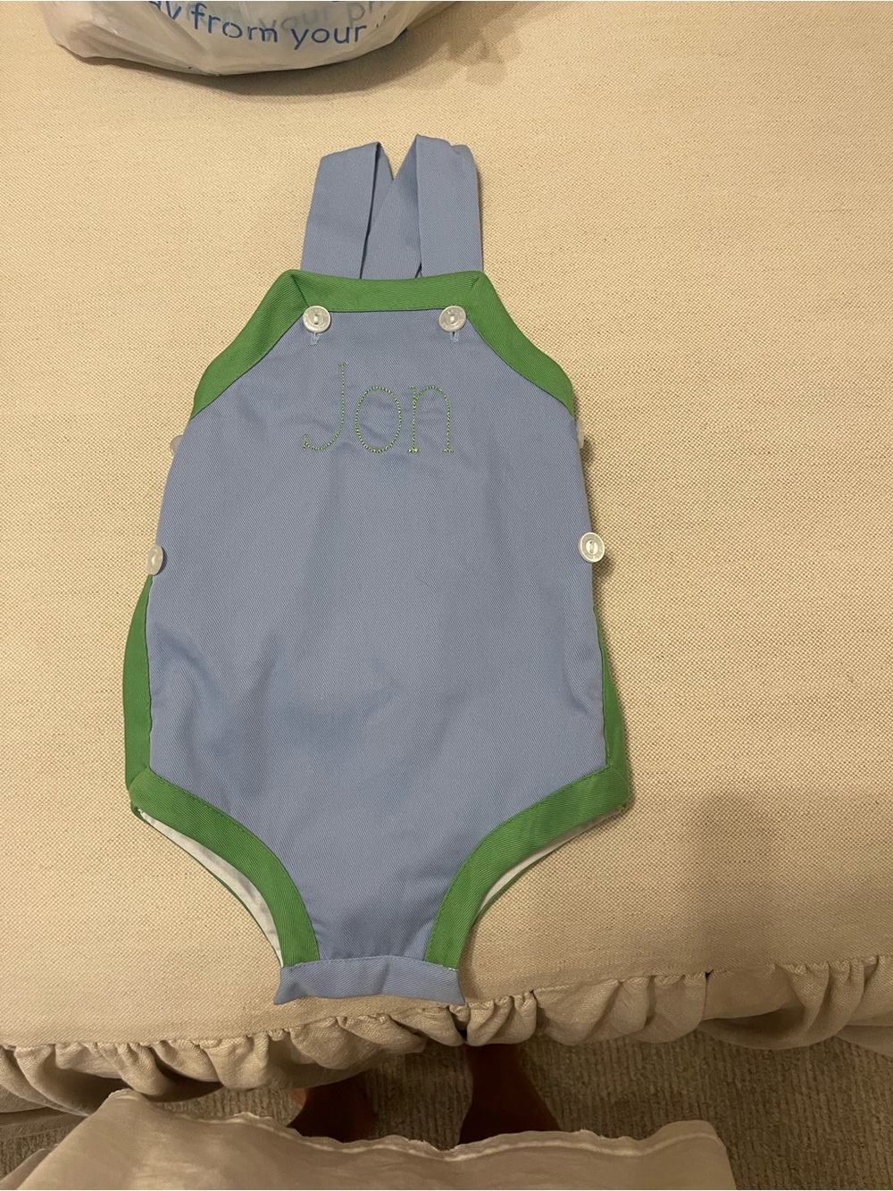 Little English Light Blue and Green Jon Monogram One-Piece
